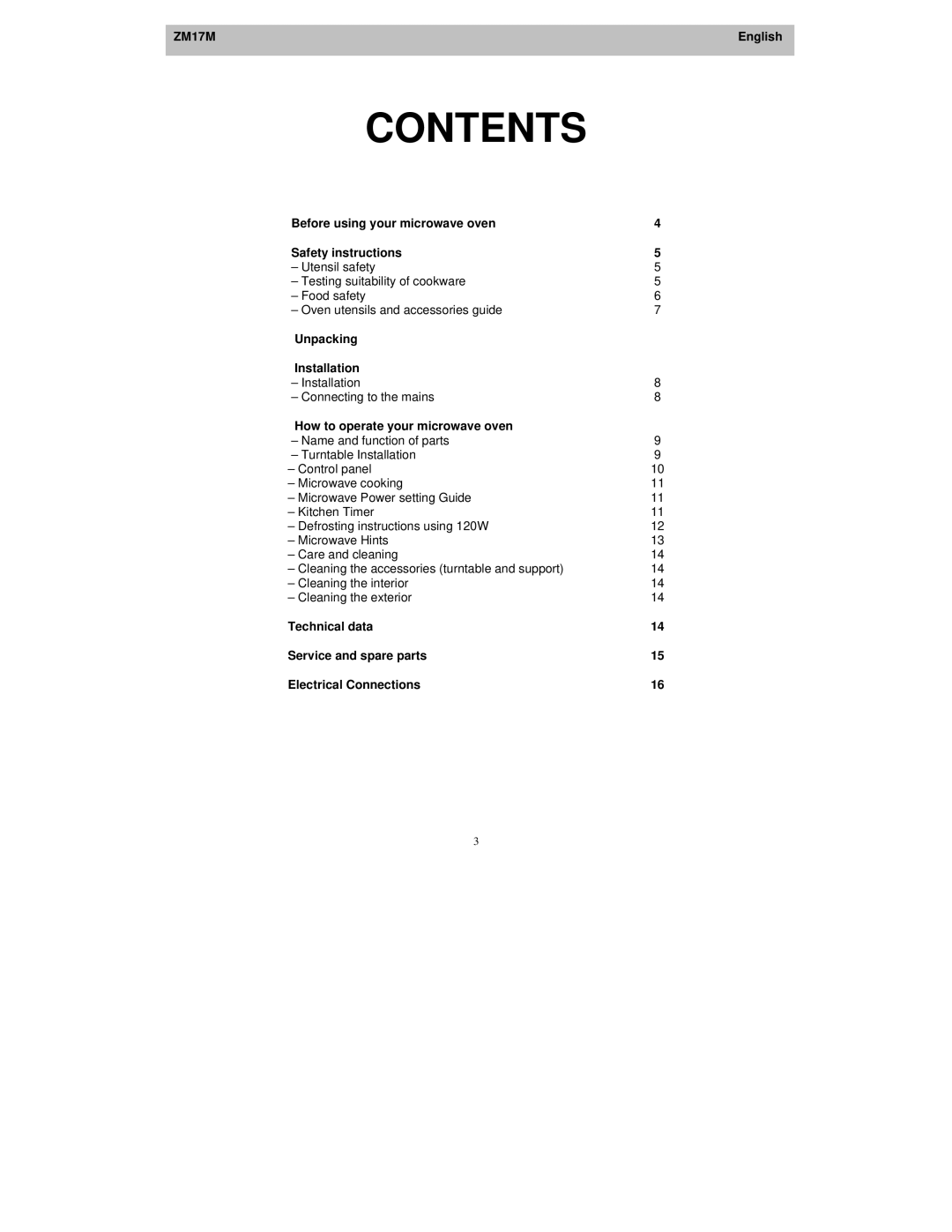 Zanussi ZM17M user manual Contents 