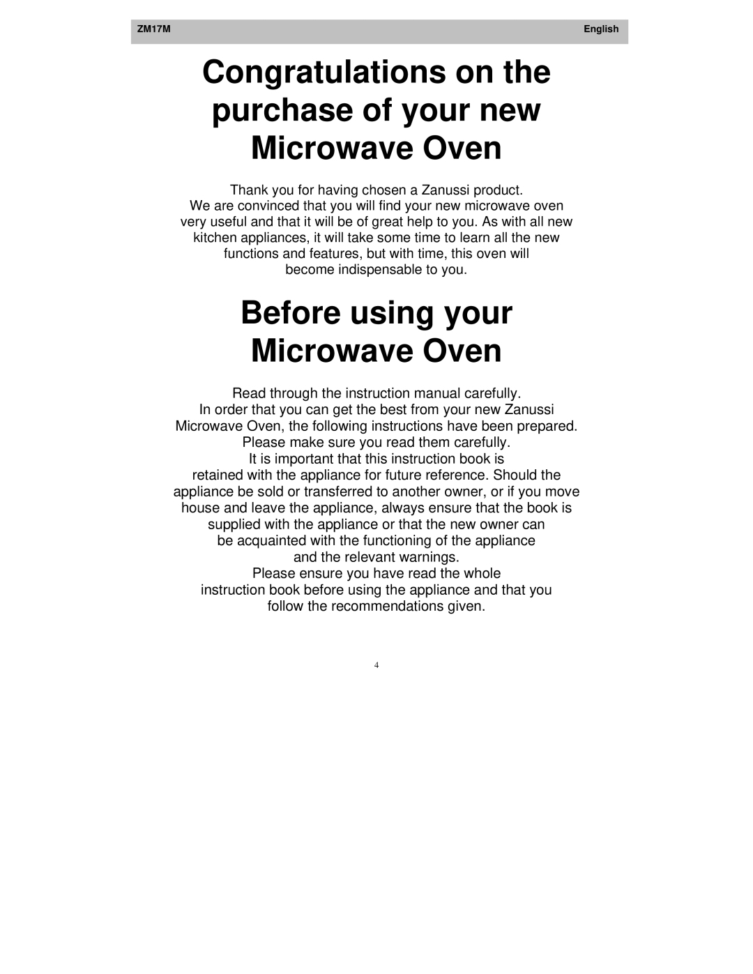 Zanussi ZM17M user manual Congratulations on the purchase of your new Microwave Oven 