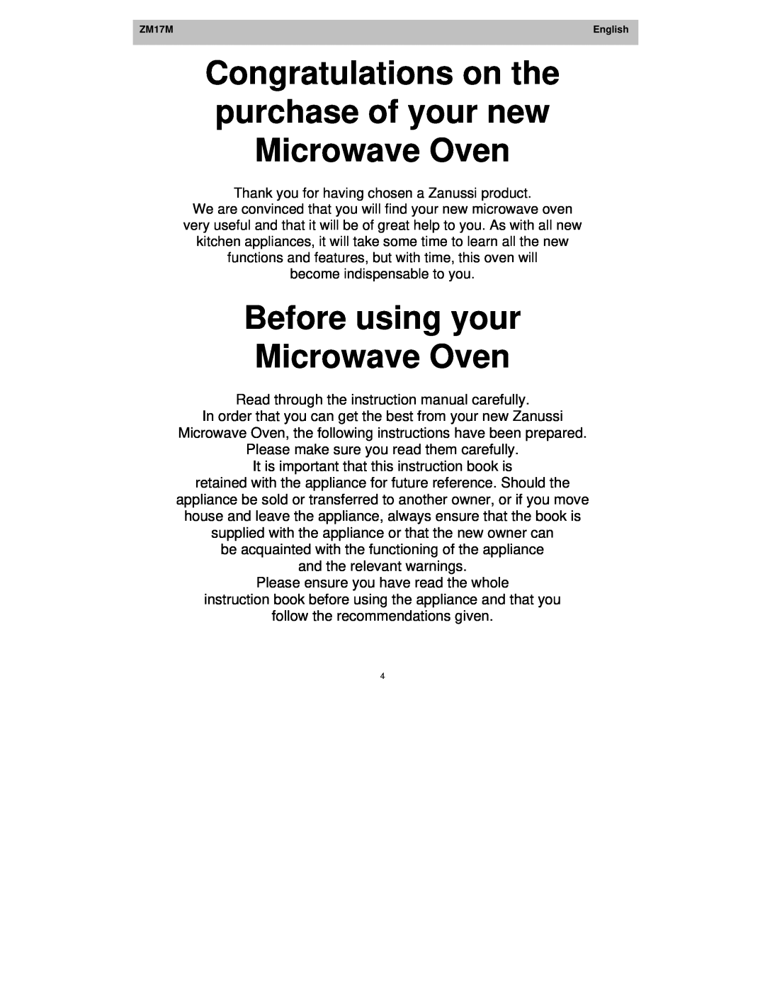 Zanussi ZM17M user manual Before using your Microwave Oven 