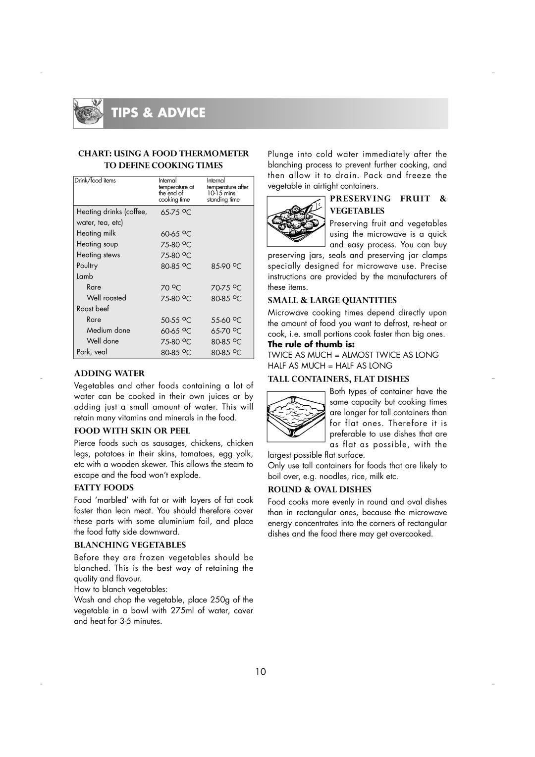 Zanussi ZM266 Chart Using a Food Thermometer To Define Cooking Times, Adding Water, Food with Skin or Peel, Fatty Foods 