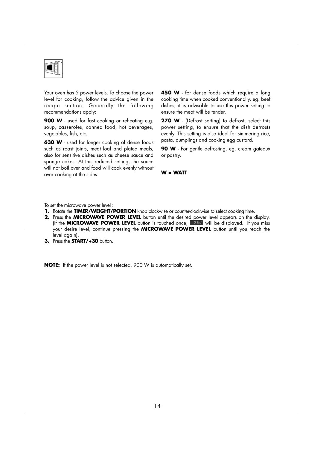 Zanussi ZM266 manual Microwave Power Levels, = Watt 