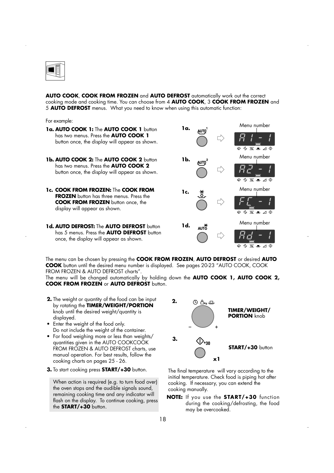 Zanussi ZM266 Auto COOK, Cook from Frozen Auto Defrost Operation, 1a. Auto Cook 1 The Auto Cook 1 button, Timer/Weight 