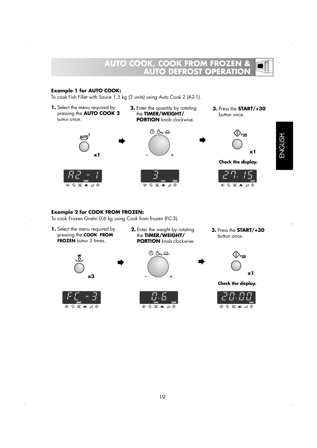 Zanussi ZM266 manual Auto COOK, Cook from Frozen & Auto Defrost Operation, Example 1 for Auto Cook, Timer/Weight 