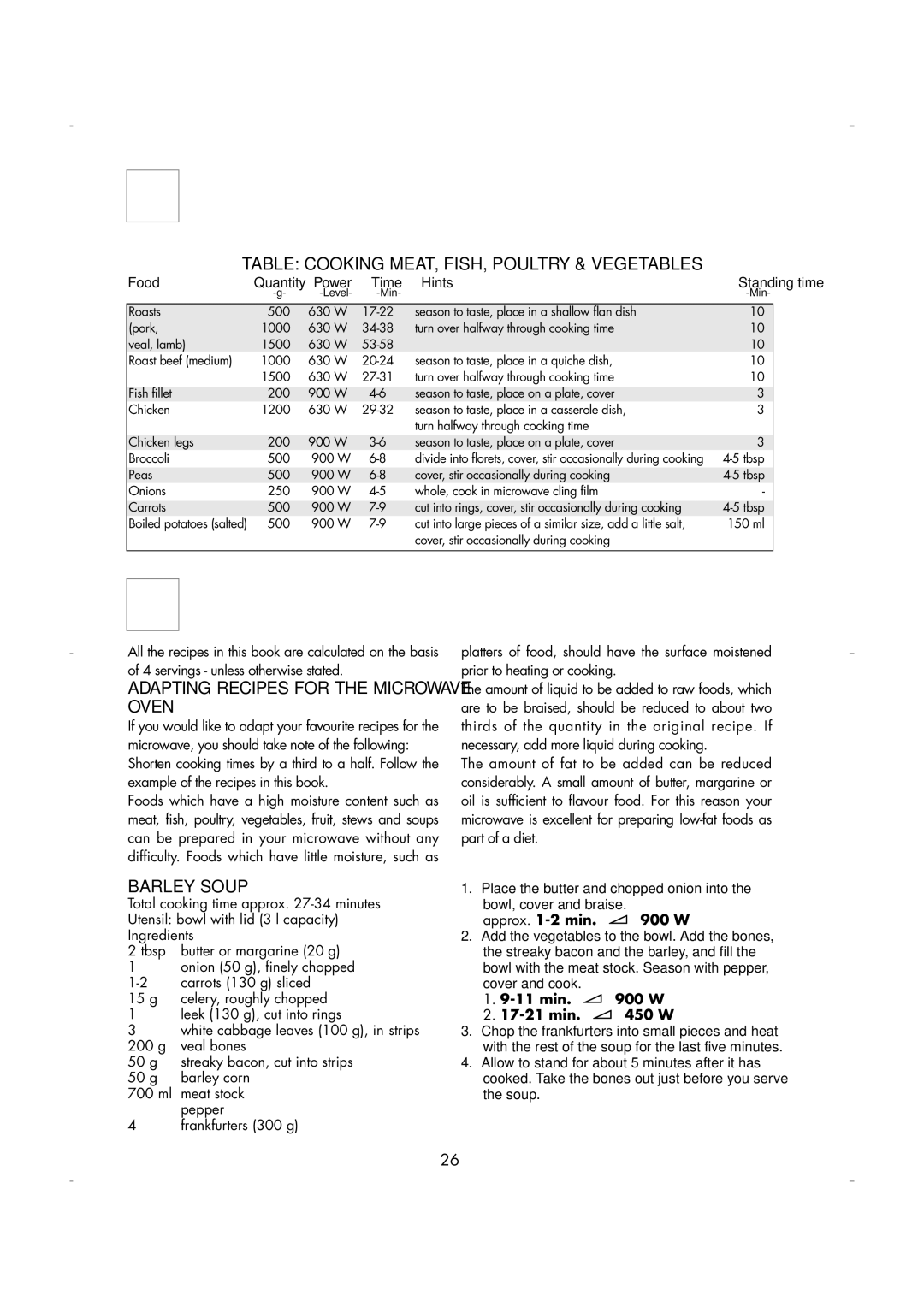 Zanussi ZM266 Table Cooking MEAT, FISH, Poultry & Vegetables, Adapting Recipes for the Microwave Oven, Barley Soup 