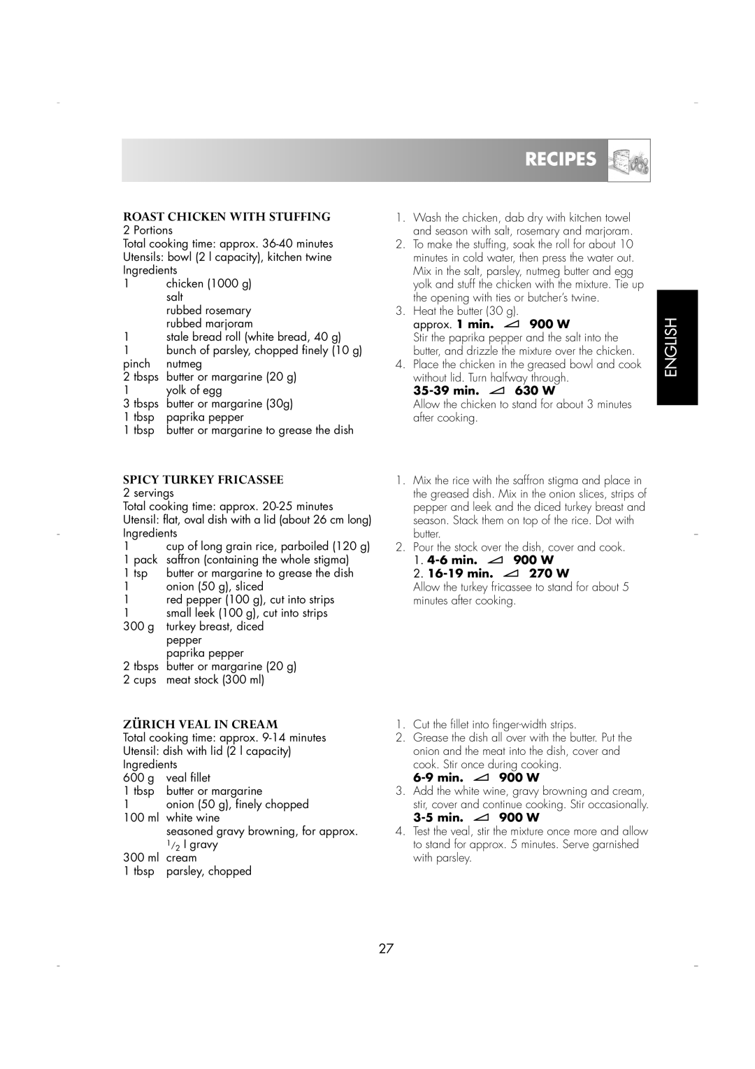 Zanussi ZM266 manual Roast Chicken with Stuffing, Spicy Turkey Fricassee, Zürich Veal in Cream 