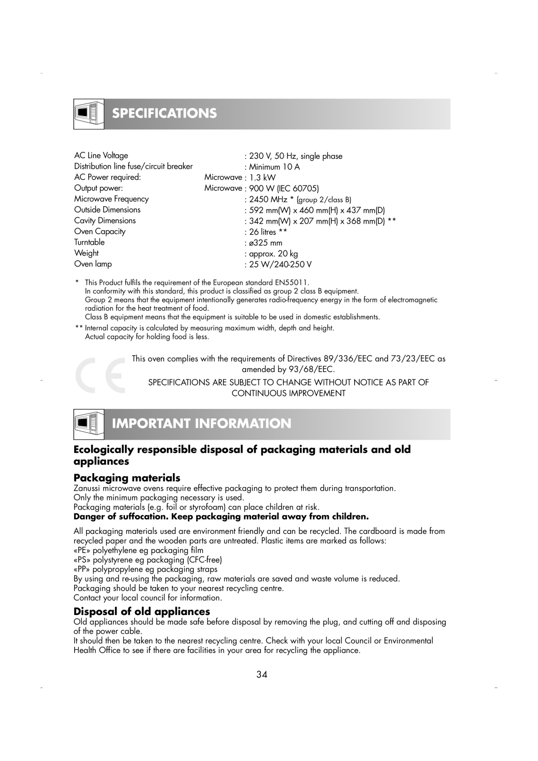 Zanussi ZM266 manual Specifications, Important Information 