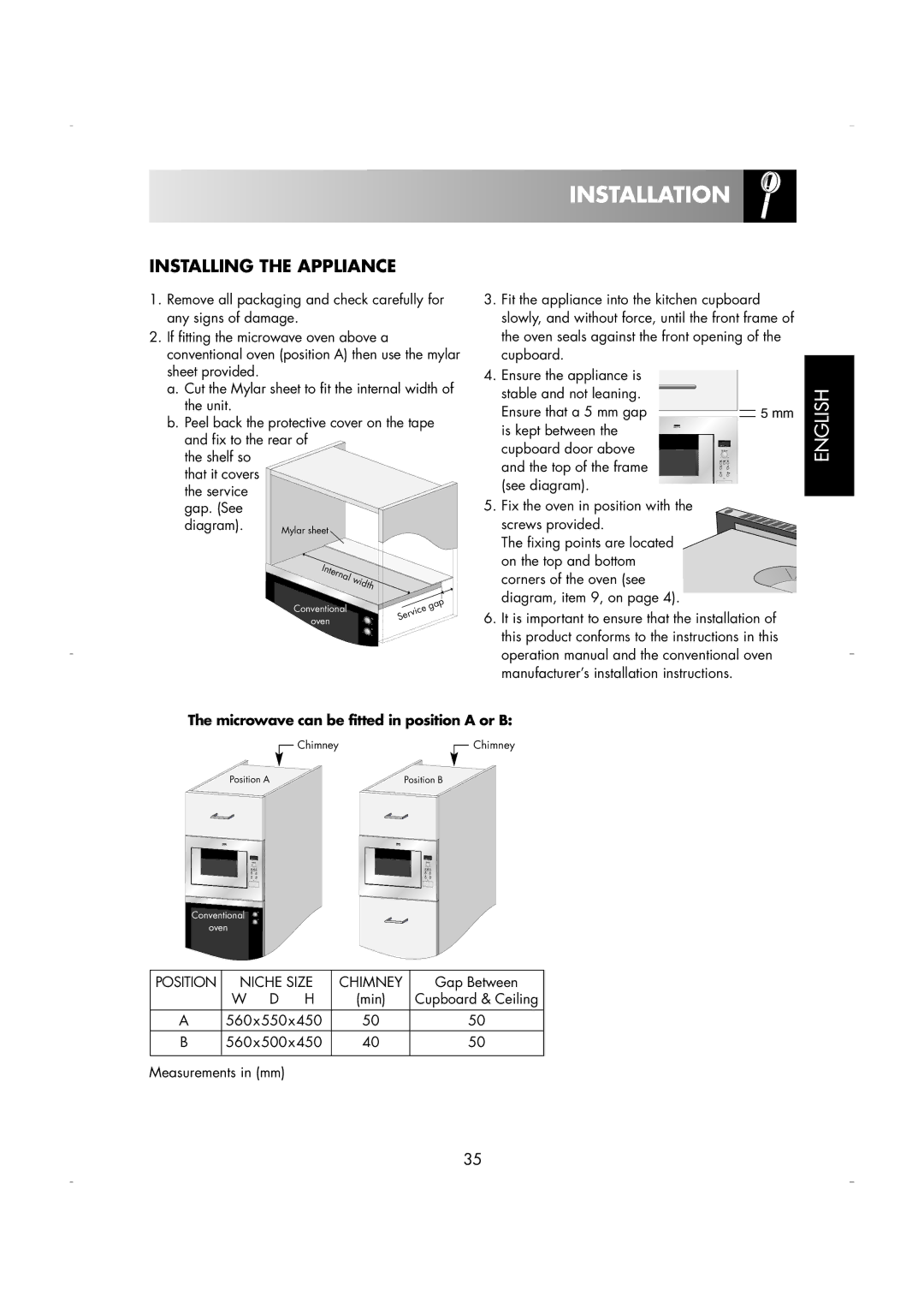 Zanussi ZM266 manual Installation, Microwave can be fitted in position a or B 