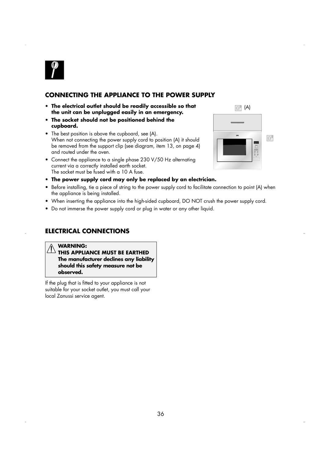 Zanussi ZM266 manual Connecting the Appliance to the Power Supply, Power supply cord may only be replaced by an electrician 