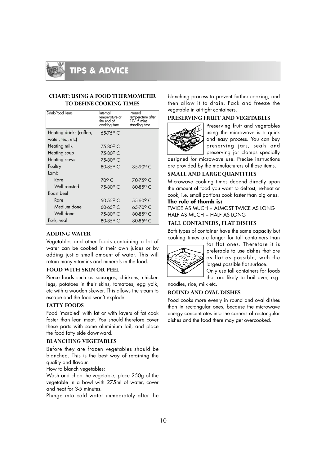 Zanussi ZM266ST Chart Using a Food Thermometer To Define Cooking Times, Adding Water, Food with Skin or Peel, Fatty Foods 