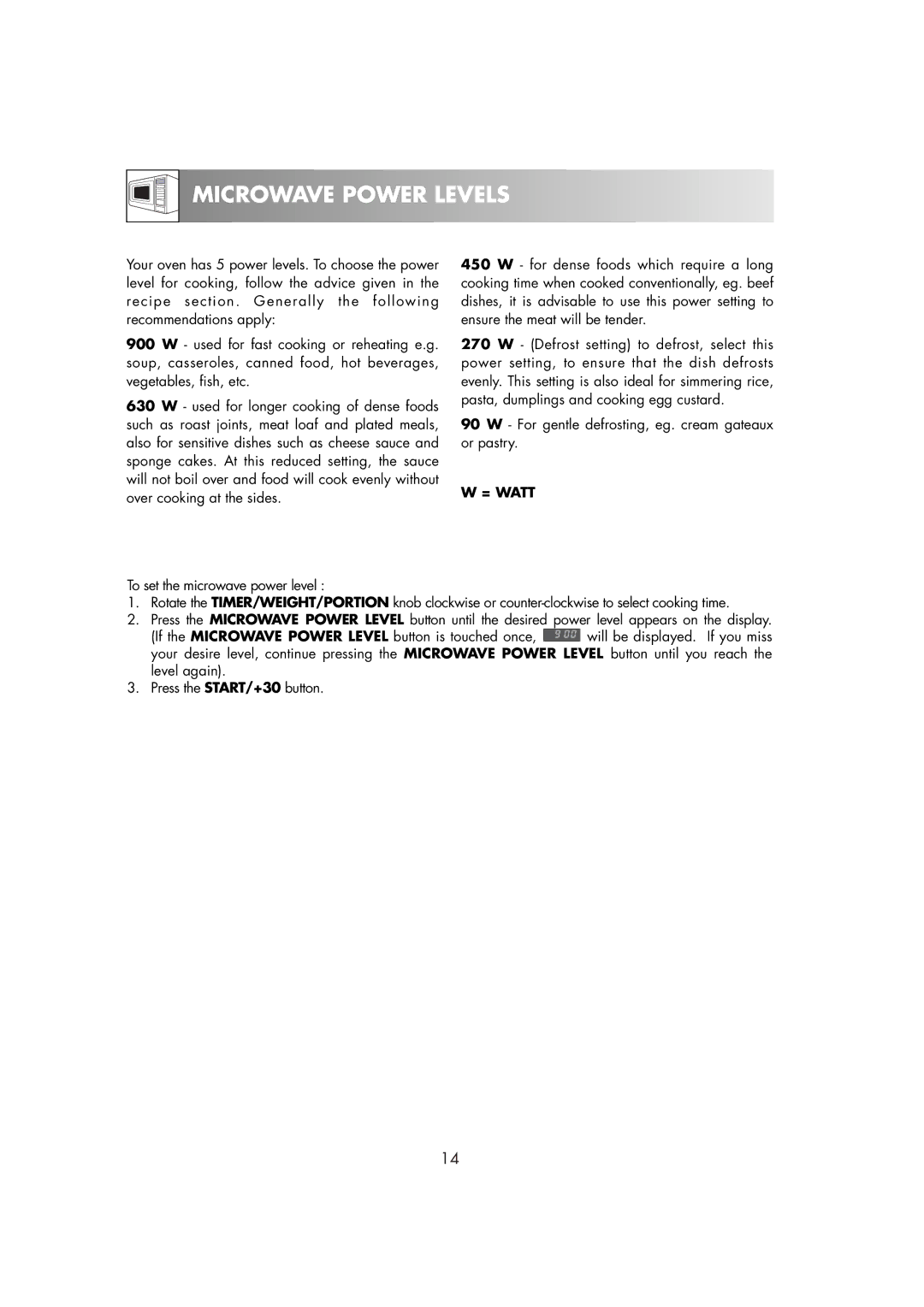 Zanussi ZM266ST manual Microwave Power Levels, = Watt 