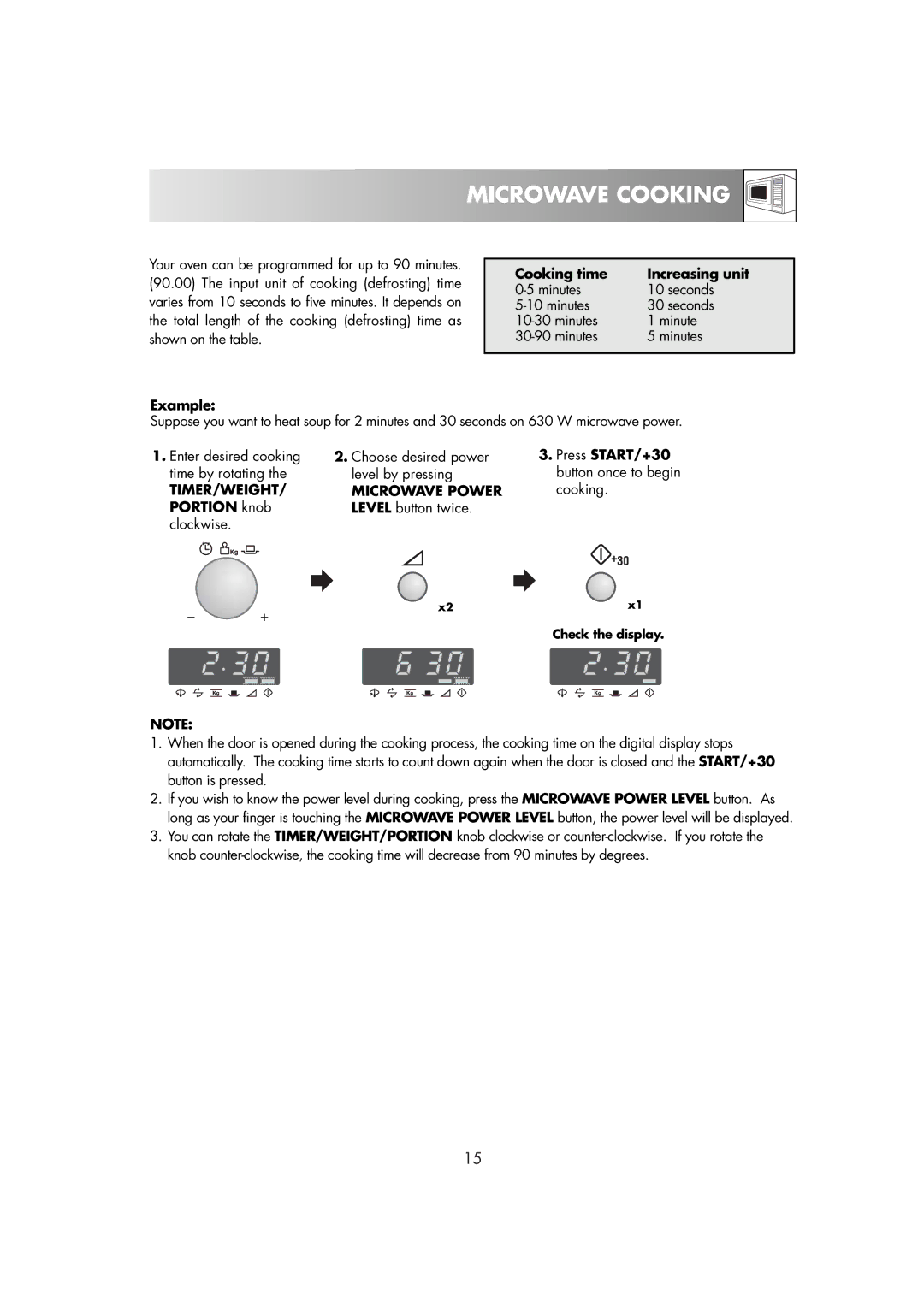 Zanussi ZM266ST manual Microwave Cooking, Cooking time Increasing unit, Press START/+30, TIMER/WEIGHT Microwave Power 