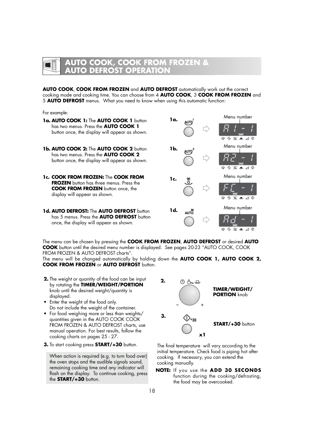 Zanussi ZM266ST Auto COOK, Cook from Frozen Auto Defrost Operation, 1a. Auto Cook 1 The Auto Cook 1 button, Timer/Weight 