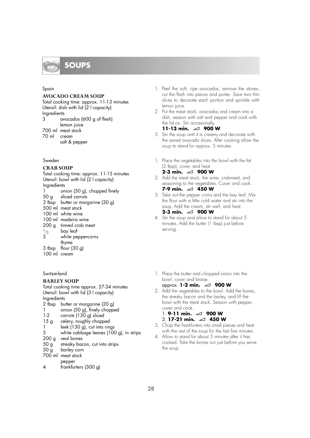 Zanussi ZM266ST manual Soups, Avocado Cream Soup, Crab Soup, Barley Soup 