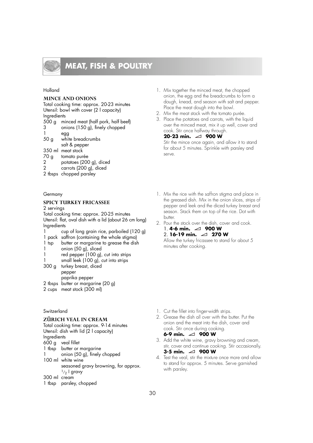 Zanussi ZM266ST manual Mince and Onions, Spicy Turkey Fricassee, Zürich Veal in Cream 
