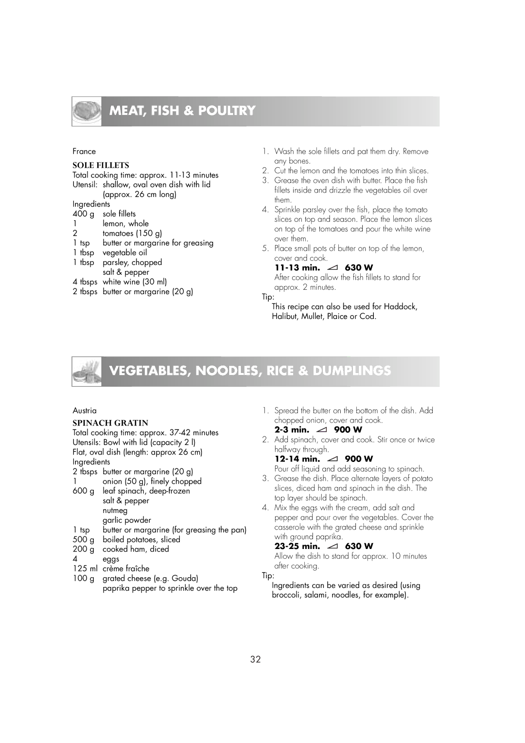 Zanussi ZM266ST manual VEGETABLES, NOODLES, Rice & Dumplings, Sole Fillets, Spinach Gratin 