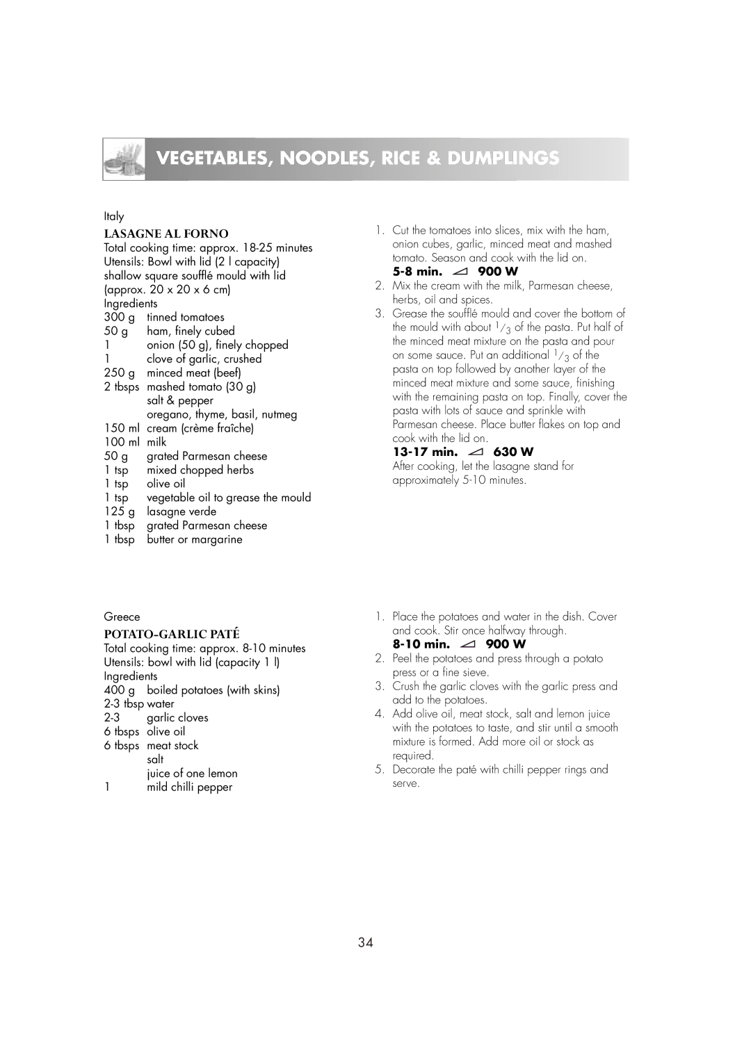 Zanussi ZM266ST manual Lasagne AL Forno, POTATO-GARLIC Paté 