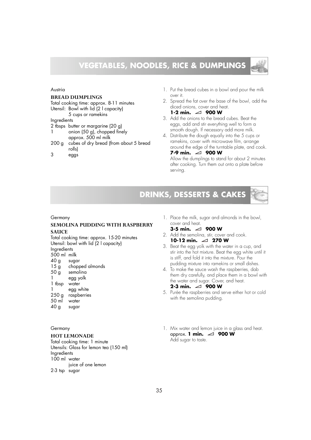 Zanussi ZM266ST manual DRINKS, Desserts & Cakes, Bread Dumplings, Semolina Pudding with Raspberry Sauce, HOT Lemonade 