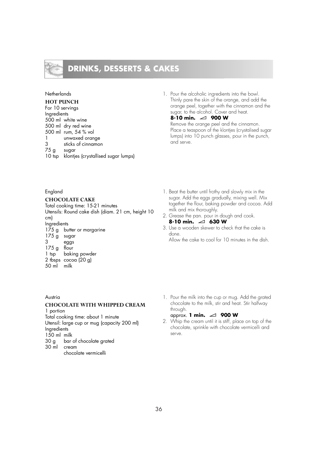 Zanussi ZM266ST manual HOT Punch, Chocolate Cake, Chocolate with Whipped Cream 