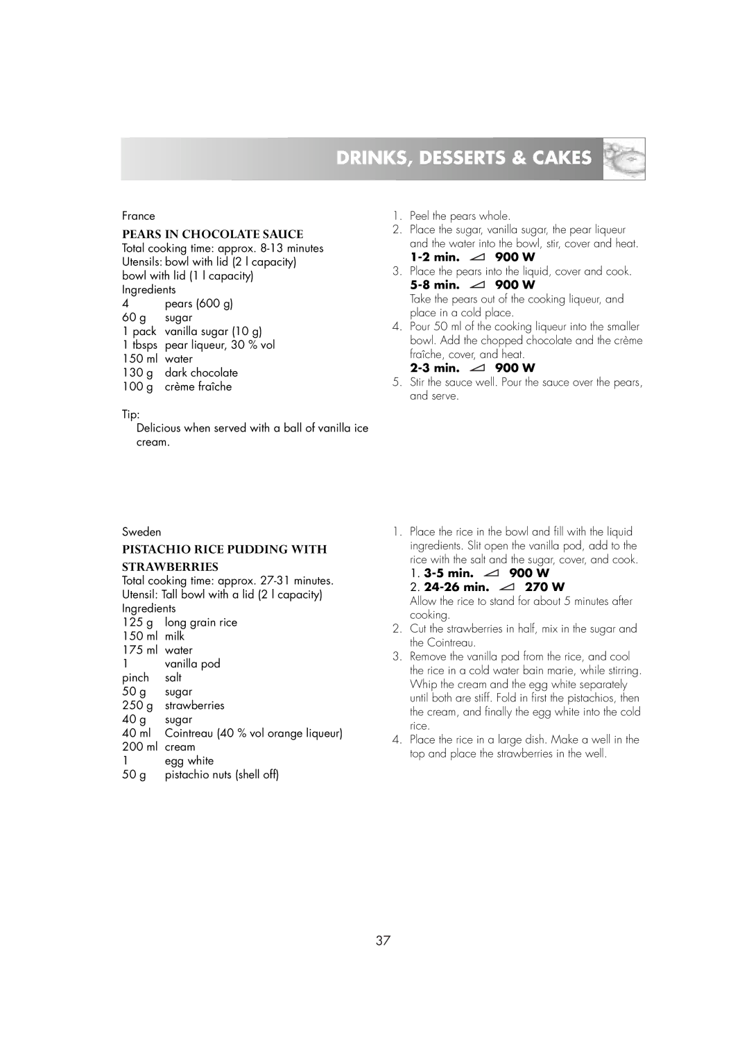 Zanussi ZM266ST manual Pears in Chocolate Sauce, Pistachio Rice Pudding with Strawberries 