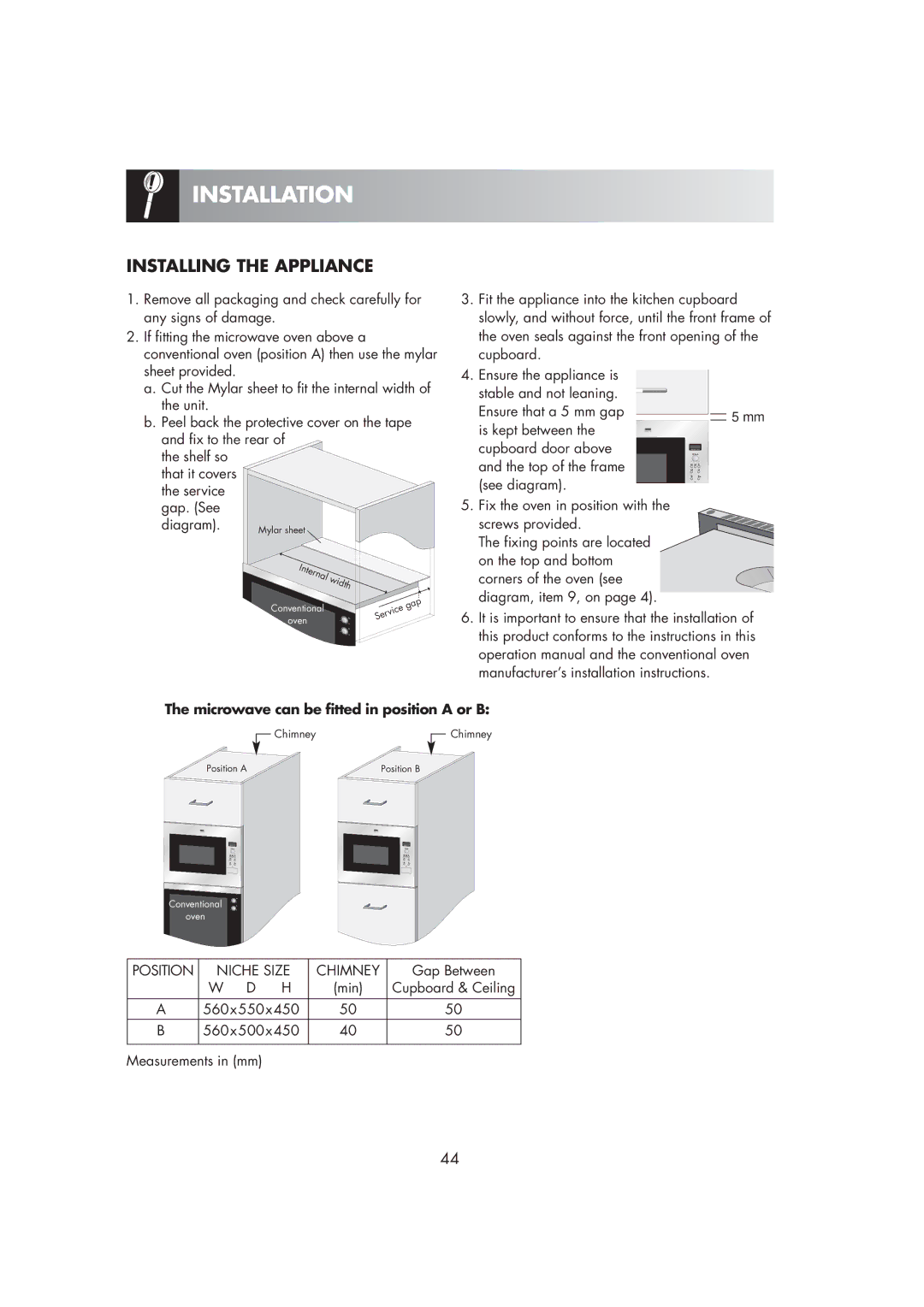 Zanussi ZM266ST manual Installation, Installing the Appliance 