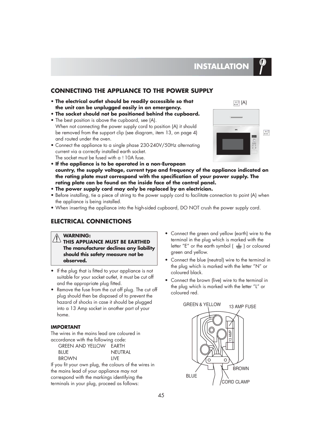 Zanussi ZM266ST manual Connecting the Appliance to the Power Supply 