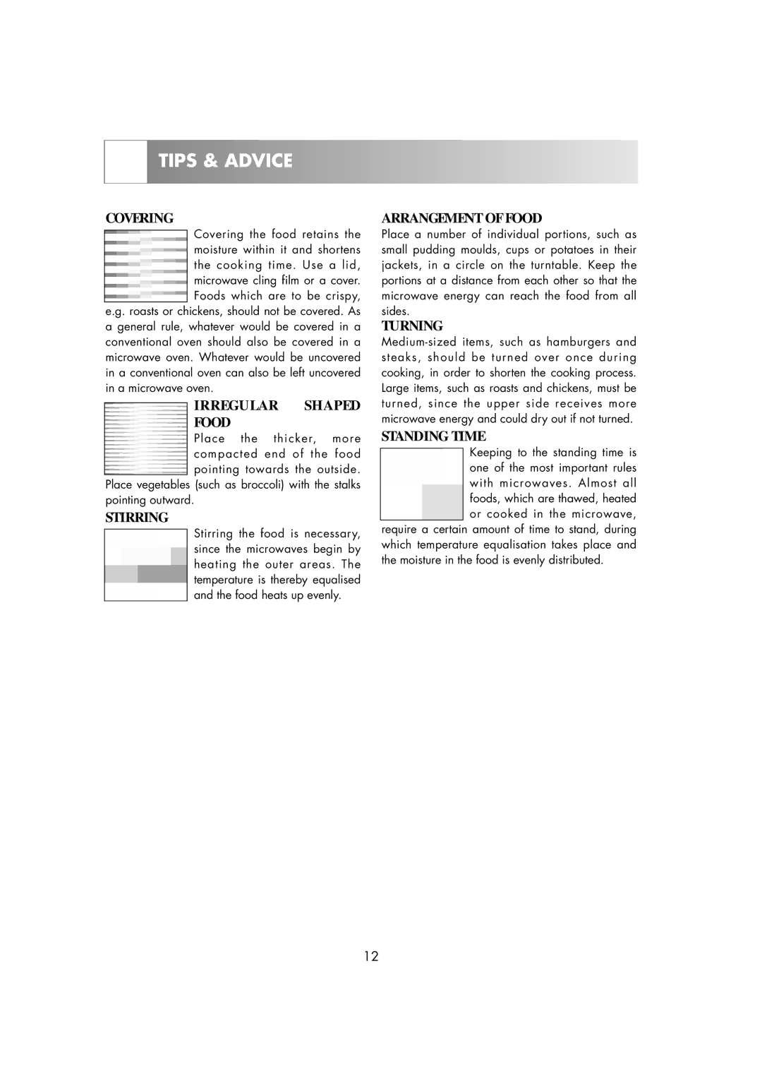 Zanussi ZM266STG manual Covering, Irregular Shaped Food, Stirring, Arrangement of Food, Turning, Standing Time 