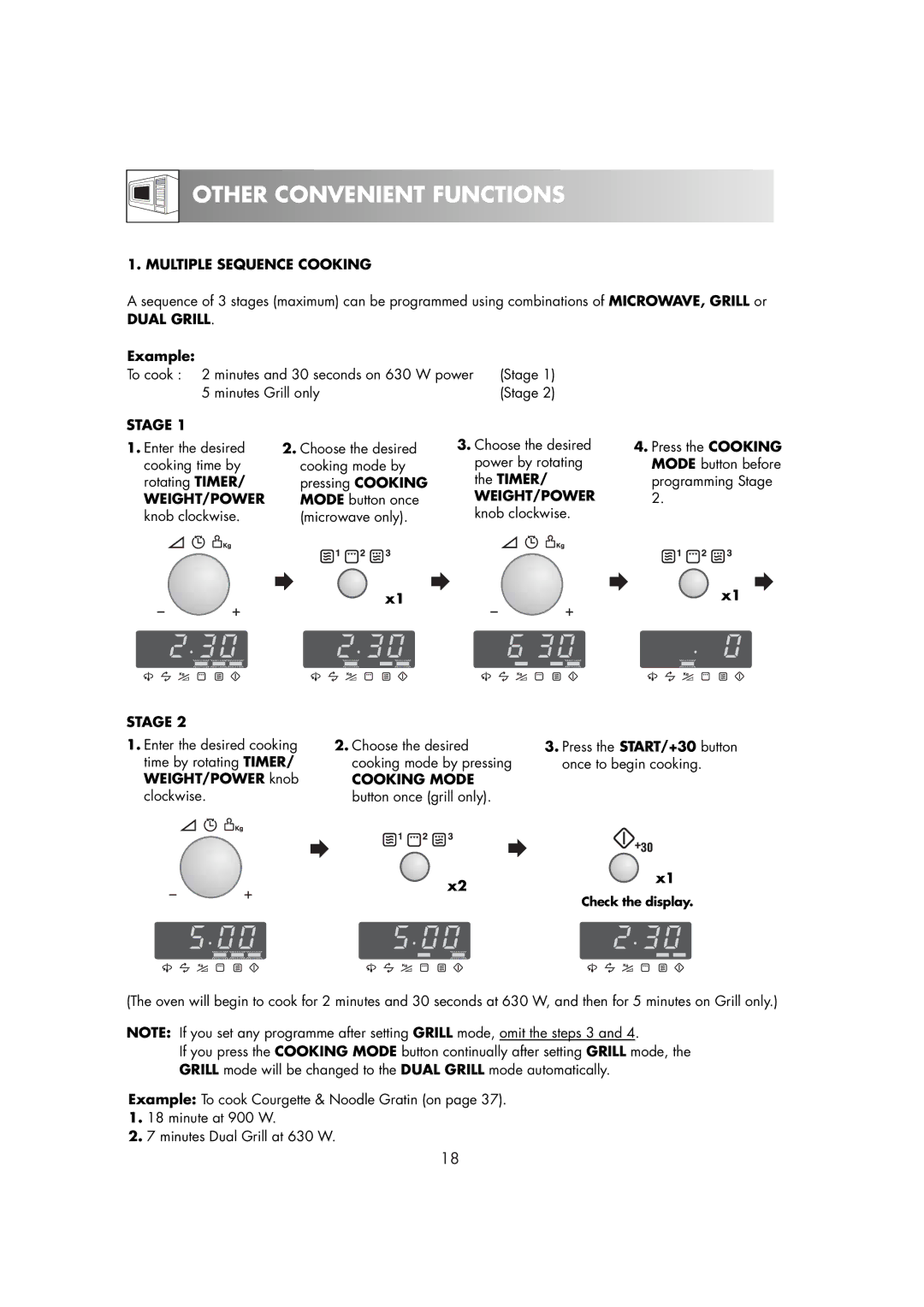 Zanussi ZM266STG manual Other Convenient Functions, Multiple Sequence Cooking, Dual Grill, Stage 