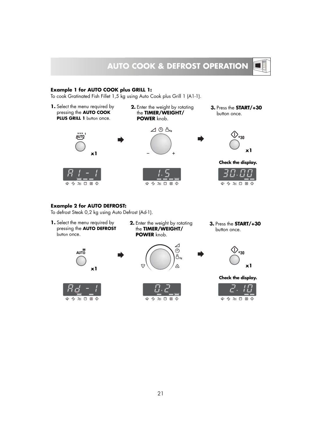 Zanussi ZM266STG manual Example 1 for Auto Cook plus Grill, Example 2 for Auto Defrost, Timer/Weight, Power knob 