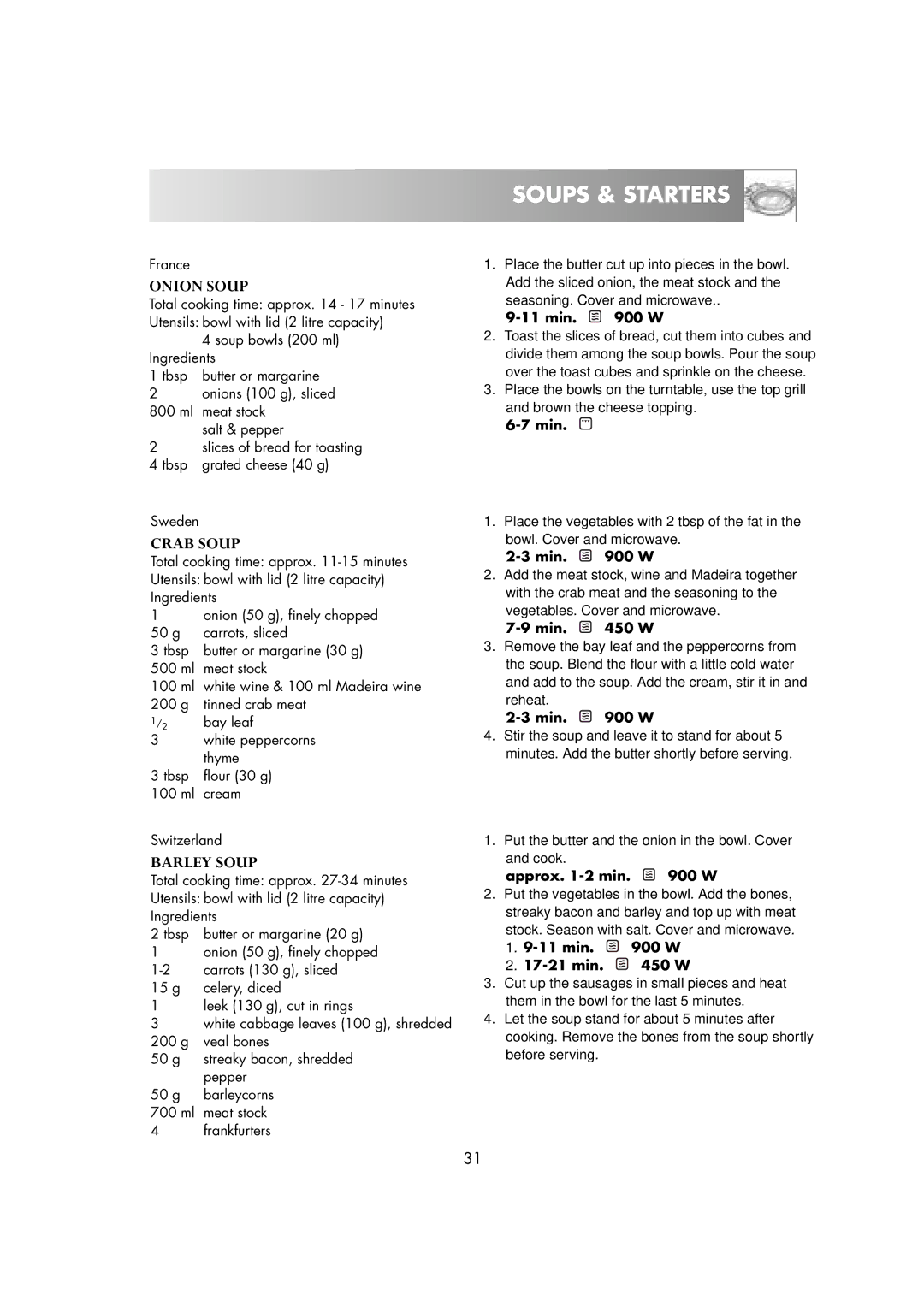 Zanussi ZM266STG manual Soups & Starters, Onion Soup, Crab Soup, Barley Soup 