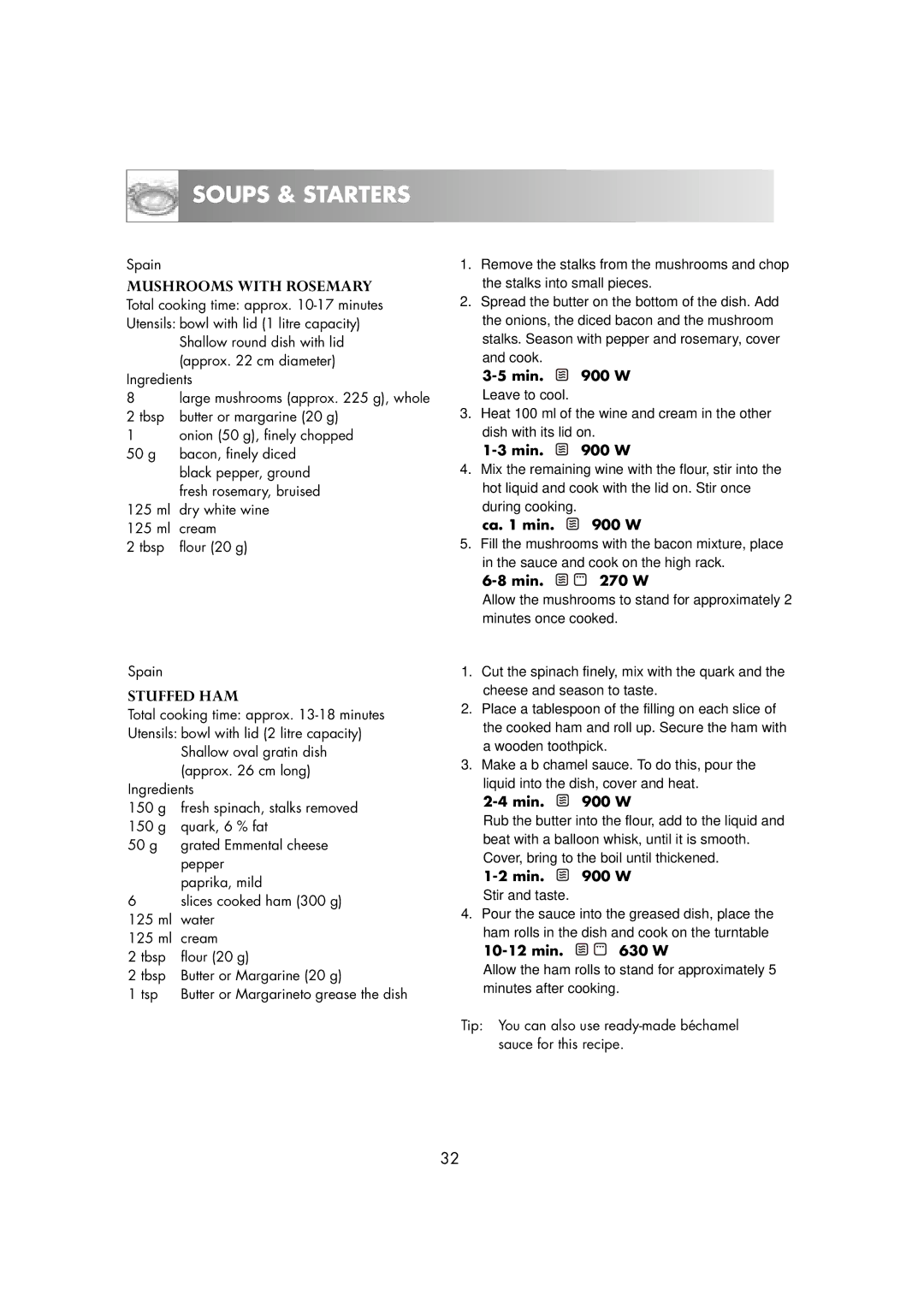 Zanussi ZM266STG manual Stuffed HAM, Min W Leave to cool, Ca min W, Min W Stir and taste 