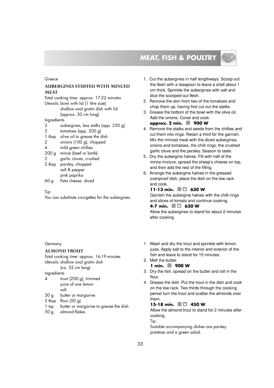 Zanussi ZM266STG manual MEAT, Fish & Poultry, Aubergines Stuffed with Minced Meat, Almond Trout, Approx min W 