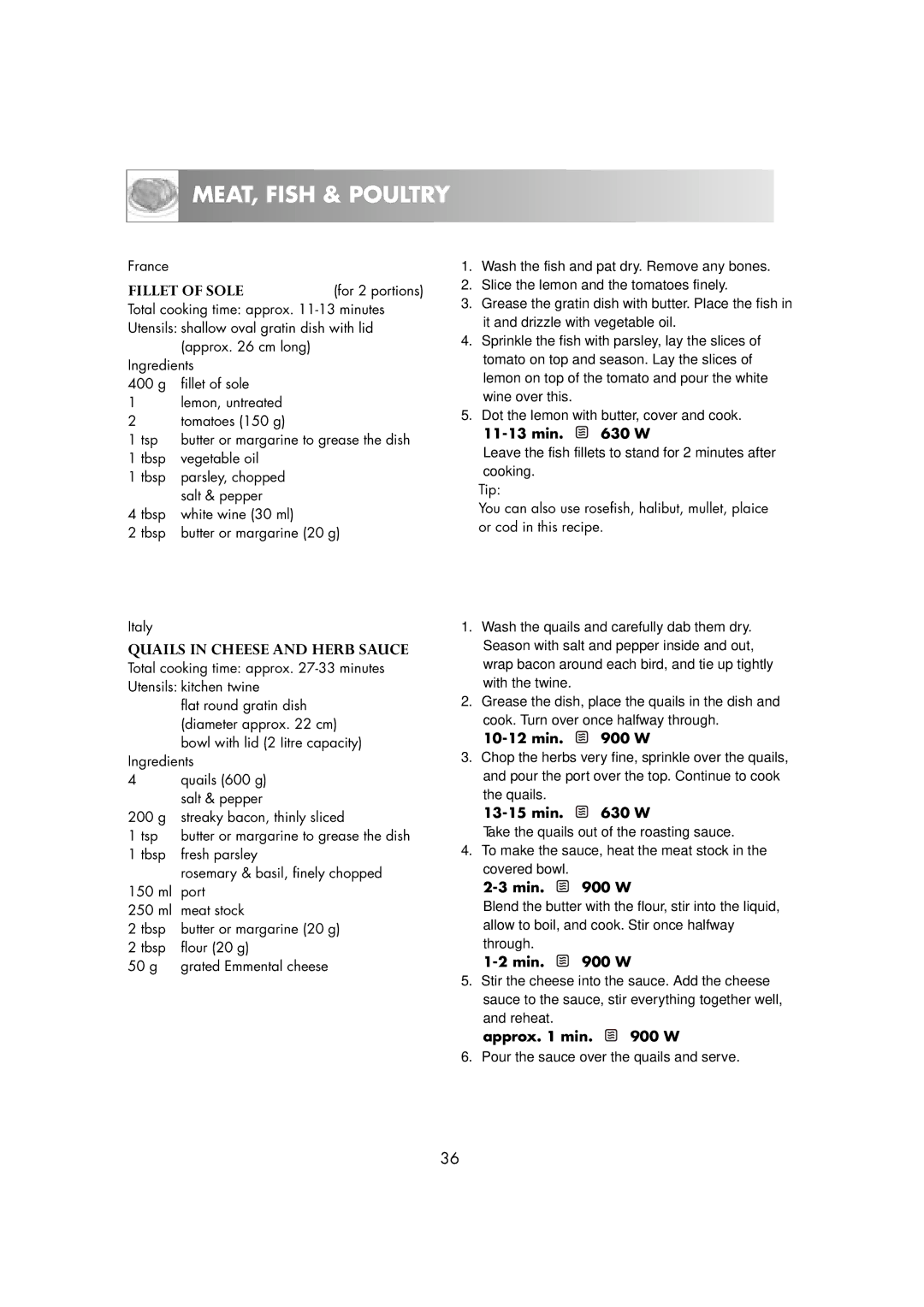 Zanussi ZM266STG manual Fillet of Sole, Quails in Cheese and Herb Sauce 