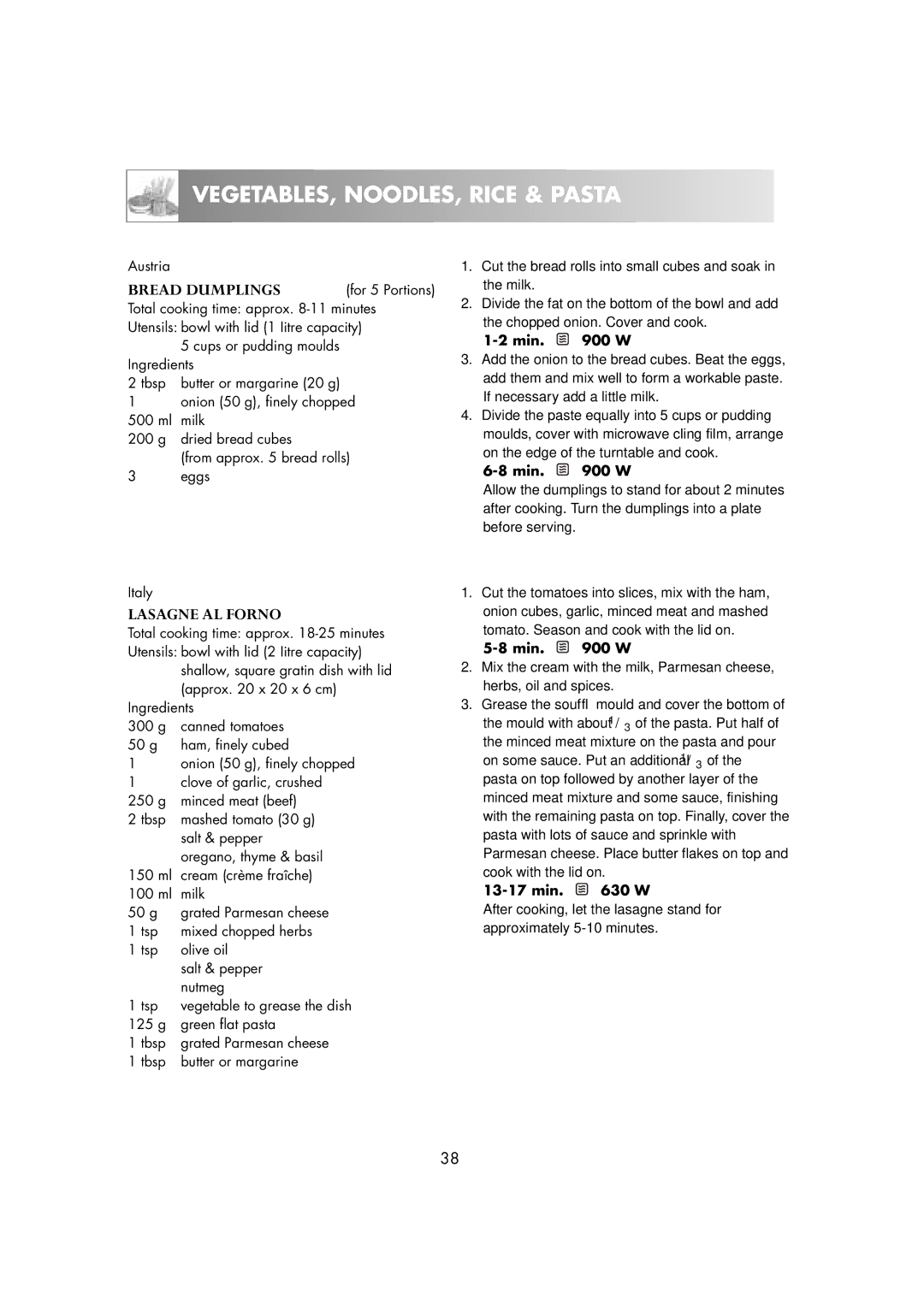 Zanussi ZM266STG manual Bread Dumplings for 5 Portions, Lasagne AL Forno 