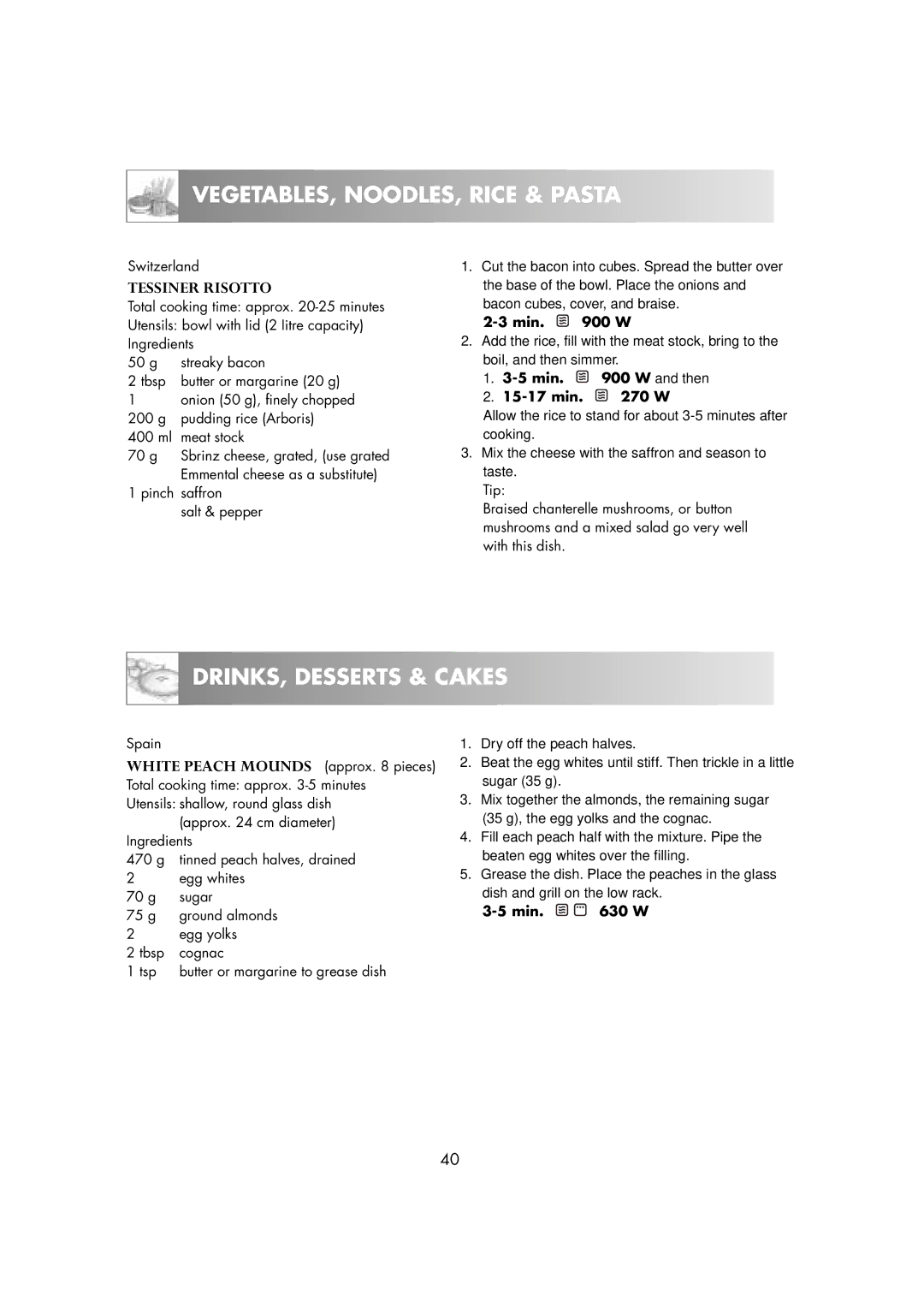 Zanussi ZM266STG manual DRINKS, Desserts & Cakes, Tessiner Risotto 