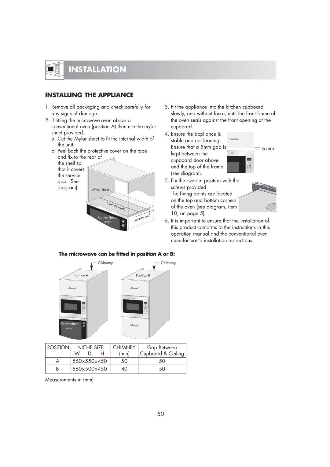 Zanussi ZM266STG manual Installation, Installing the Appliance 