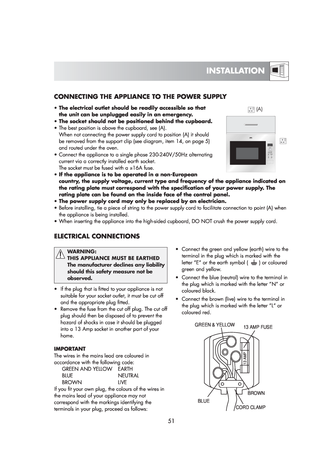 Zanussi ZM266STG manual Connecting The Appliance To The Power Supply, Electrical Connections, Installation, Green & Yellow 