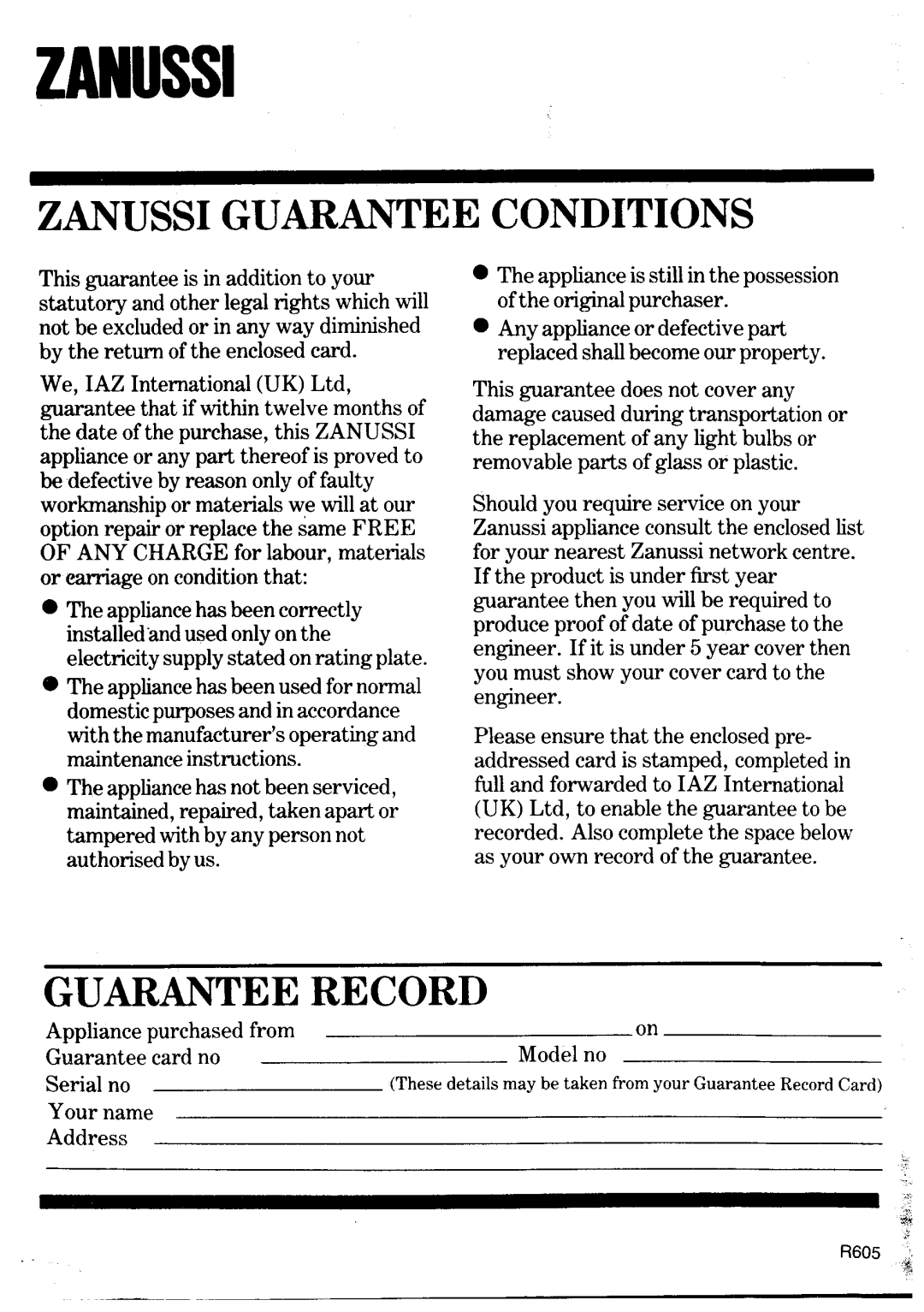 Zanussi ZM700 manual 