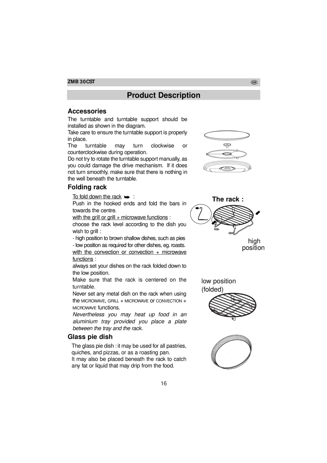 Zanussi ZMB 30 CST instruction manual Accessories, Folding rack, Glass pie dish, Rack 