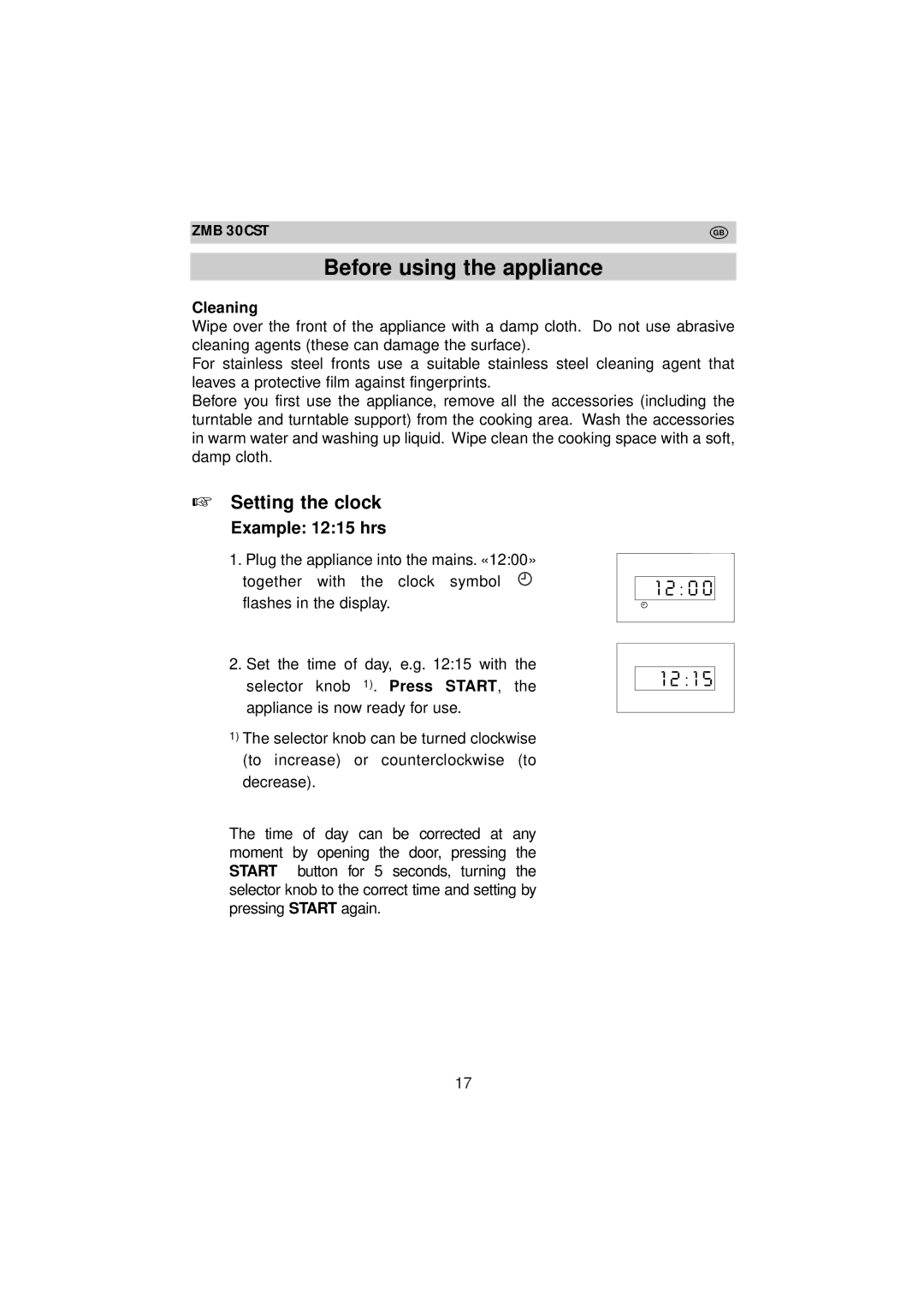 Zanussi ZMB 30 CST instruction manual Before using the appliance, Setting the clock, Cleaning 