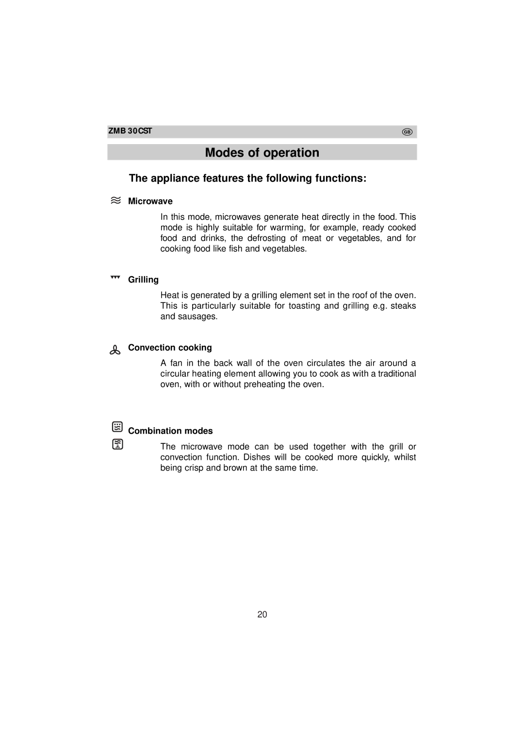 Zanussi ZMB 30 CST instruction manual Modes of operation, Appliance features the following functions 