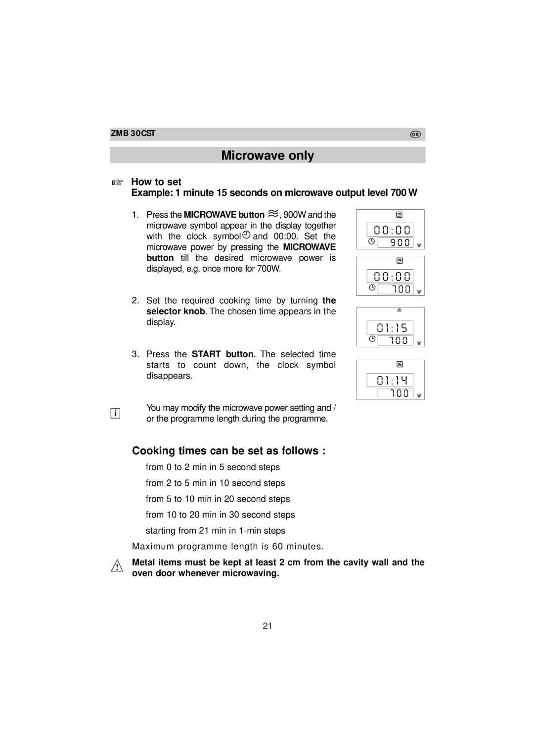 Zanussi ZMB 30 CST instruction manual Microwave only, Cooking times can be set as follows 