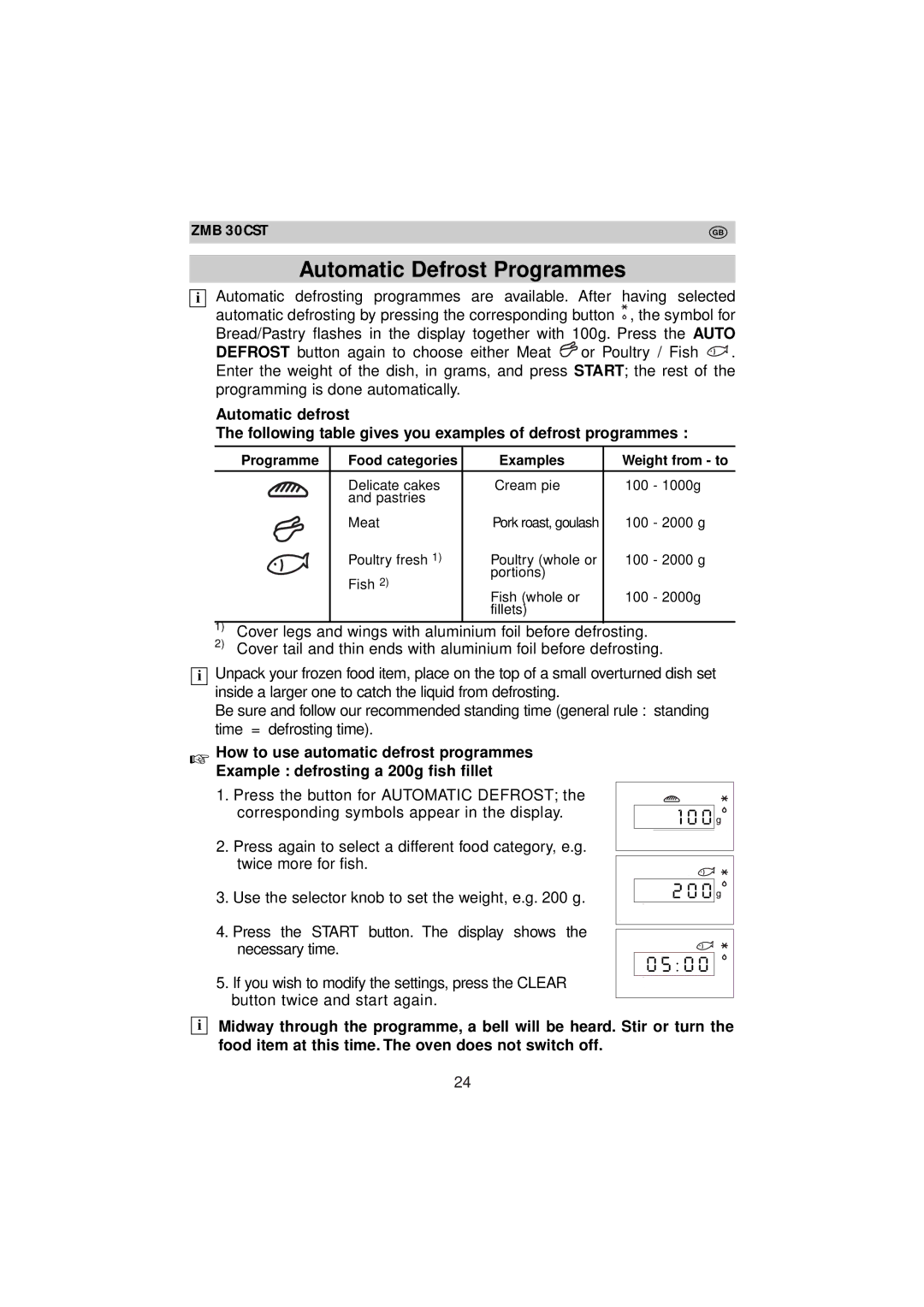 Zanussi ZMB 30 CST instruction manual Automatic Defrost Programmes, Programme Food categories Examples Weight from to 