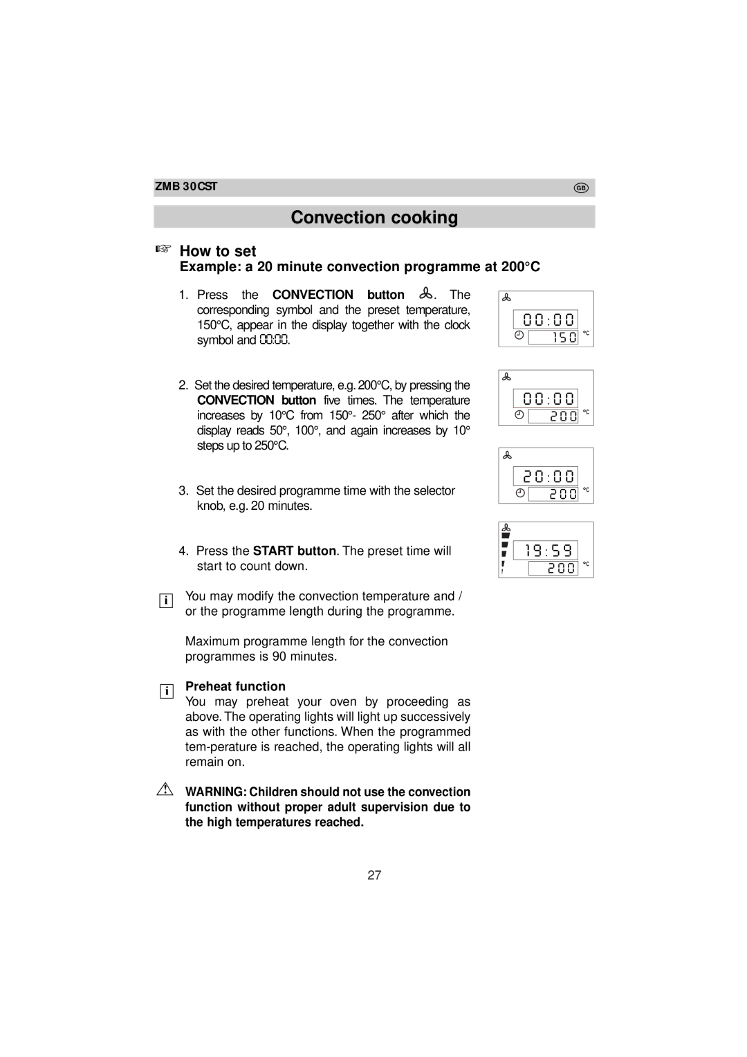 Zanussi ZMB 30 CST instruction manual Convection cooking, Preheat function 