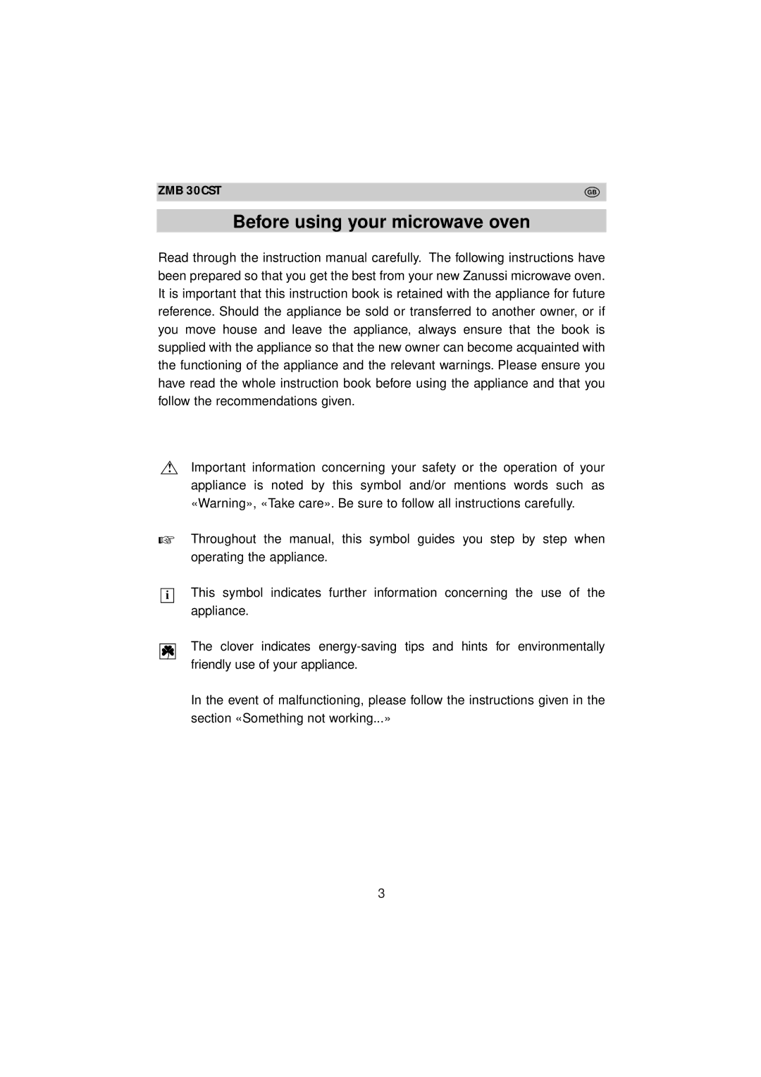 Zanussi ZMB 30 CST instruction manual Before using your microwave oven 