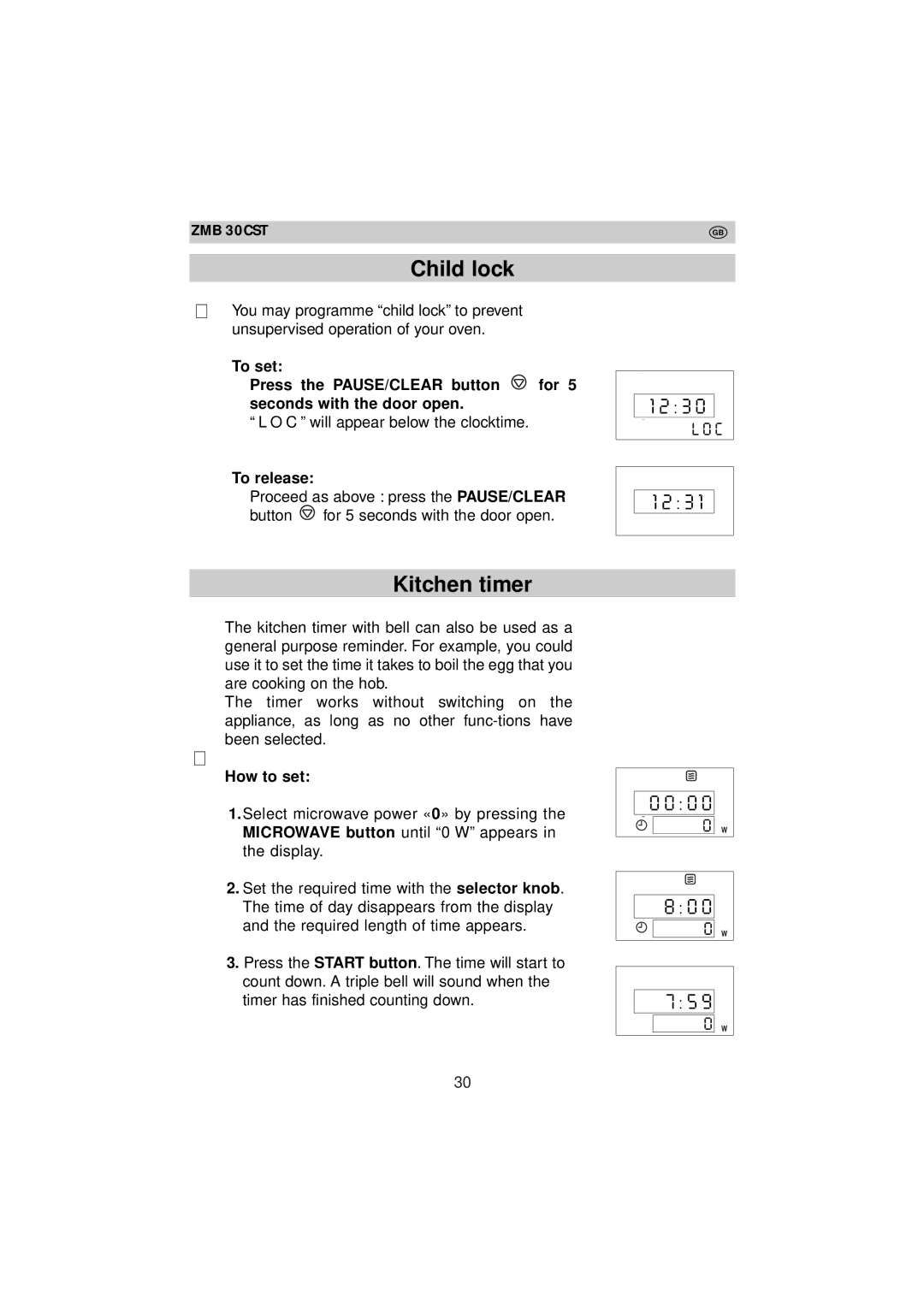 Zanussi ZMB 30 CST instruction manual Child lock, Kitchen timer, To release, How to set 