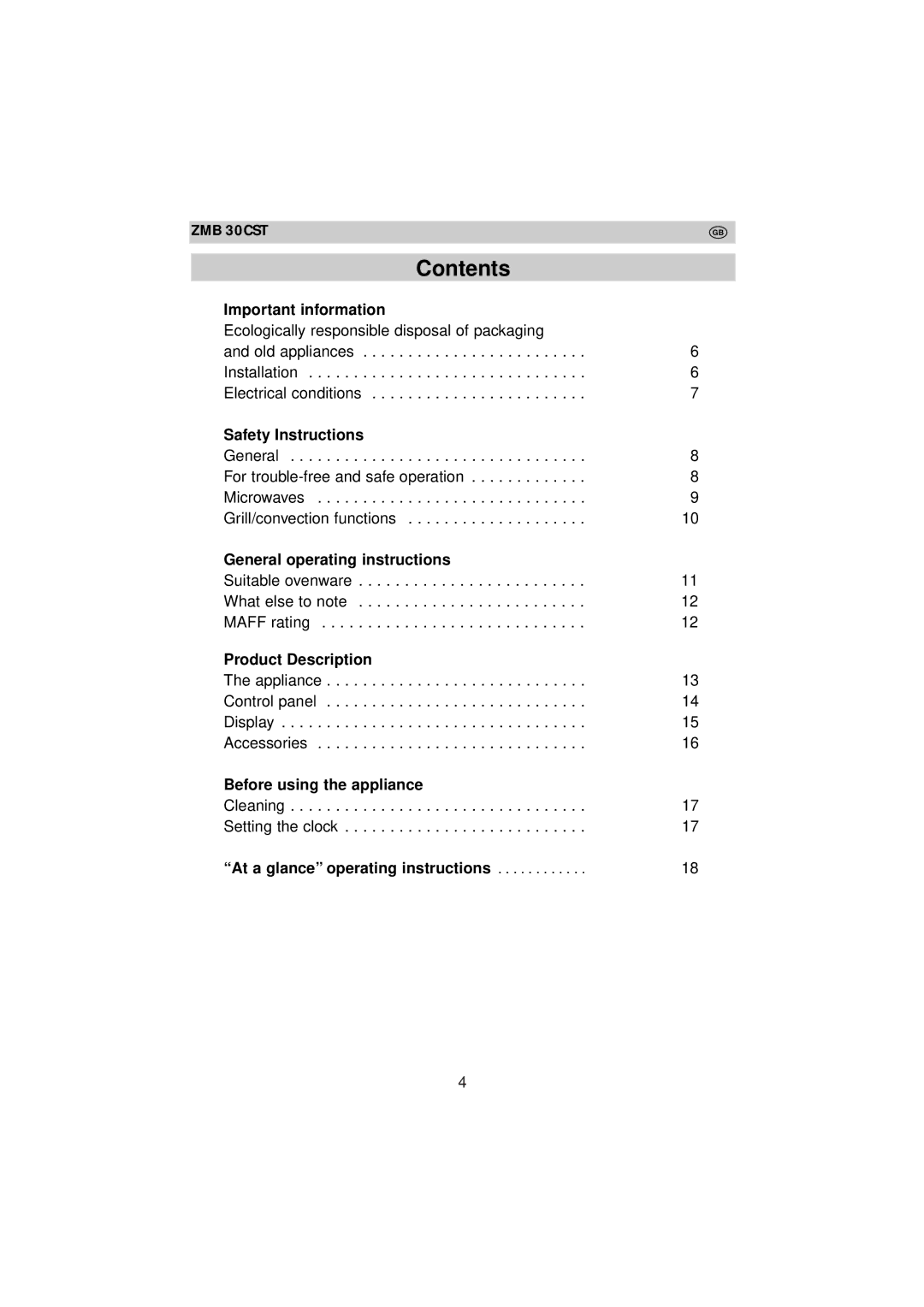 Zanussi ZMB 30 CST instruction manual Contents 