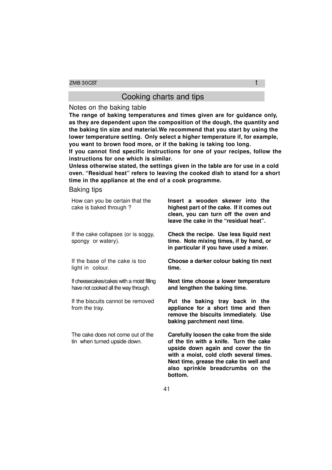 Zanussi ZMB 30 CST instruction manual Baking tips, How can you be certain that the cake is baked through ? 