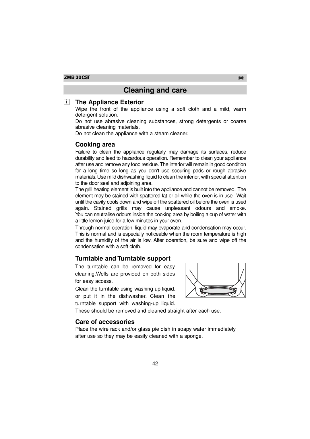 Zanussi ZMB 30 CST instruction manual Cleaning and care, Appliance Exterior, Cooking area, Care of accessories 