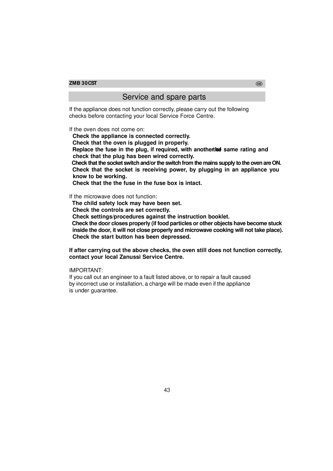 Zanussi ZMB 30 CST instruction manual Service and spare parts, If the microwave does not function 