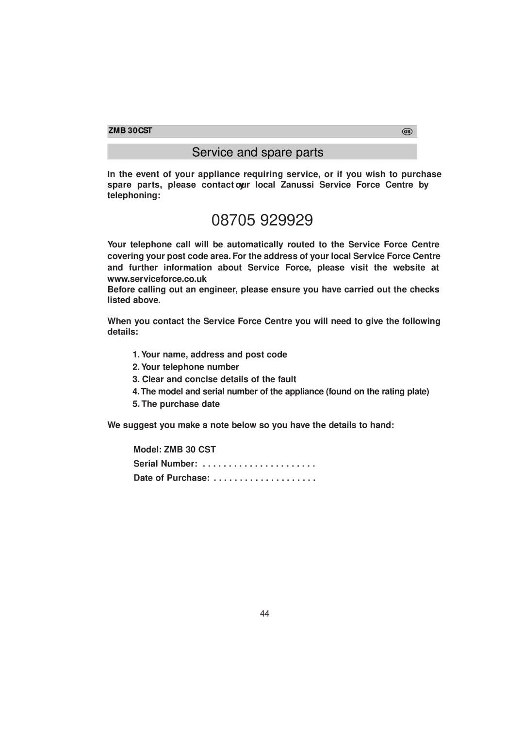 Zanussi ZMB 30 CST instruction manual 08705 